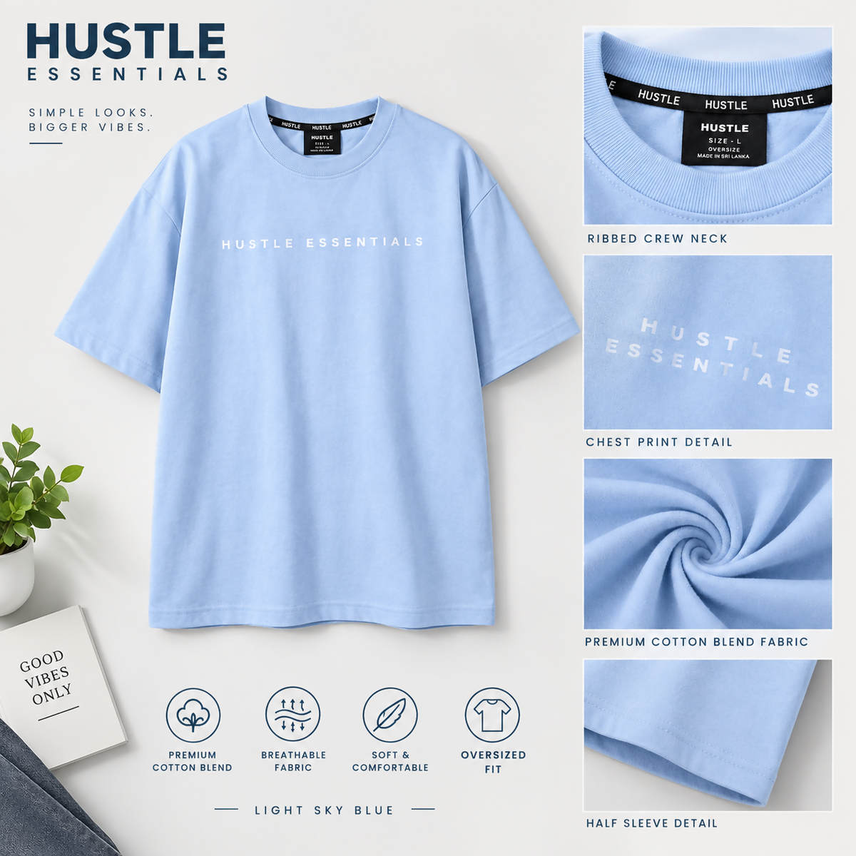 Men's Hustle Essentials Oversized Light Sky Blue T-Shirt | Relaxed Fit Casual Tee