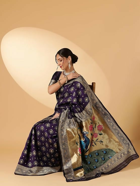 AXONIT Jacquard Silk Saree with Golden Zari Peacock Design, Festive Wear