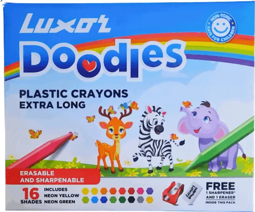 Luxor Doodles Extra Long Plastic Crayons-16 Assorted Shades HalfPe - FW -TPT