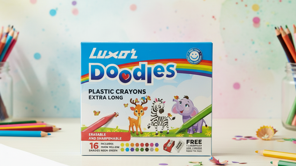 Luxor Doodles Extra Long Plastic Crayons-16 Assorted Shades HalfPe - FW -TPT