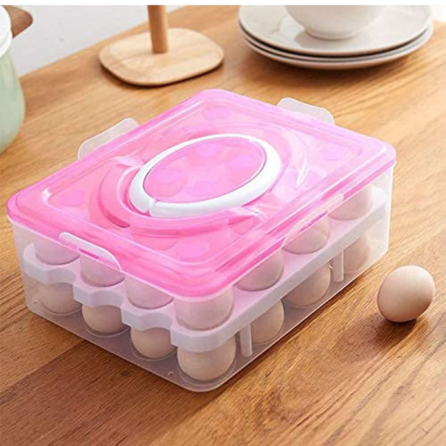 2-Layer 32 Grid Egg Tray with Lid – Storage Container with Handle (1 Pc)