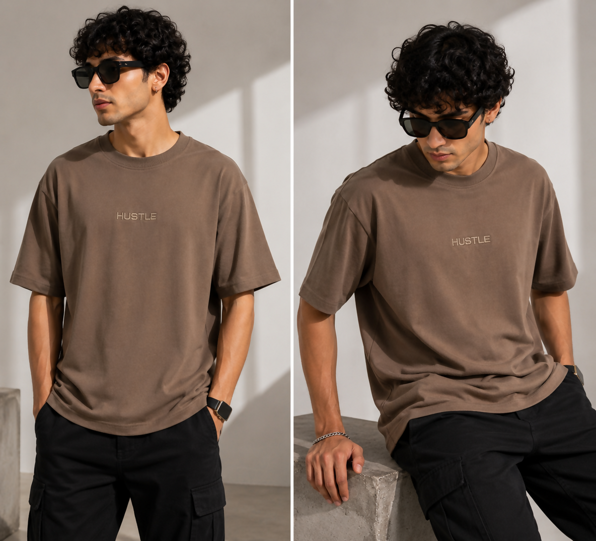 Hustle Oversized T-Shirt for Men – Brown/Taupe Half Sleeve | Embroidered Logo