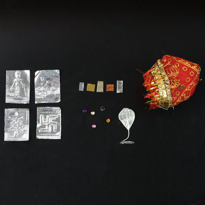 Mini Kalash Pooja Set – Decorative Copper-Style Kalash with Cloth Cover, Foil Deity/Yantra Tokens Navratna Pieces (1 Set)