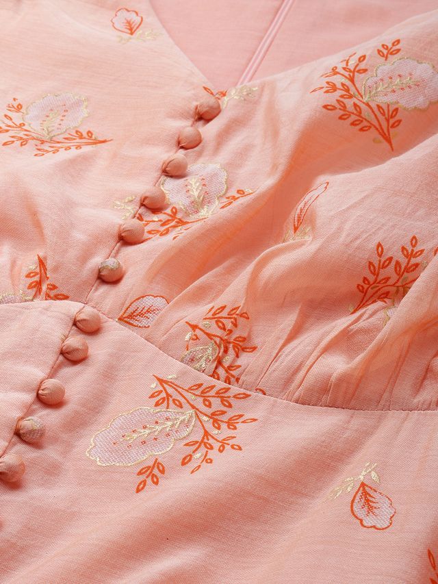 Bollywood Vogue Ready To Wear Peach Foil Printed A Line Dress