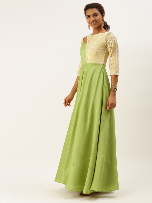 Bollywood Vogue Ready To Wear Olive Green N Off White Art Silk Embroidered Gown