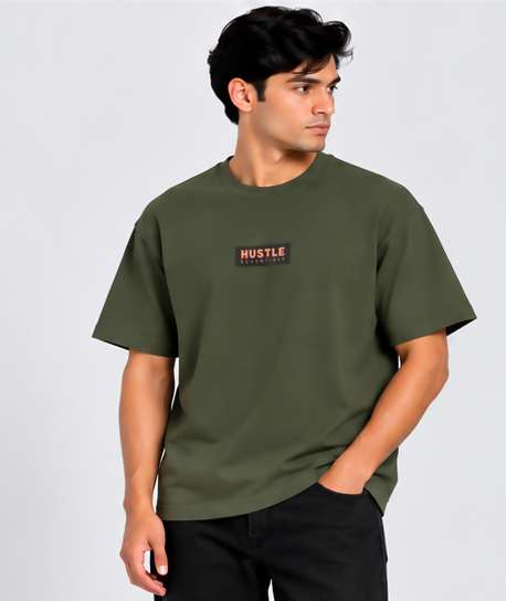 HUSTLE Men's Crew Neck Oversized T-Shirt – Deep Olive Green