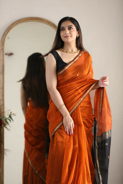 AXONIT Premium Golden Cotton Saree with Lightweight Fabric, Elegant Zari Border, and Traditional Finish