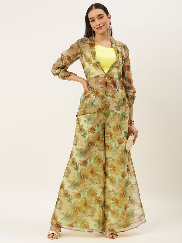 Bollywood Vogue Ready To Wear Green Organza Palazzo N Jacket Co Ords Set