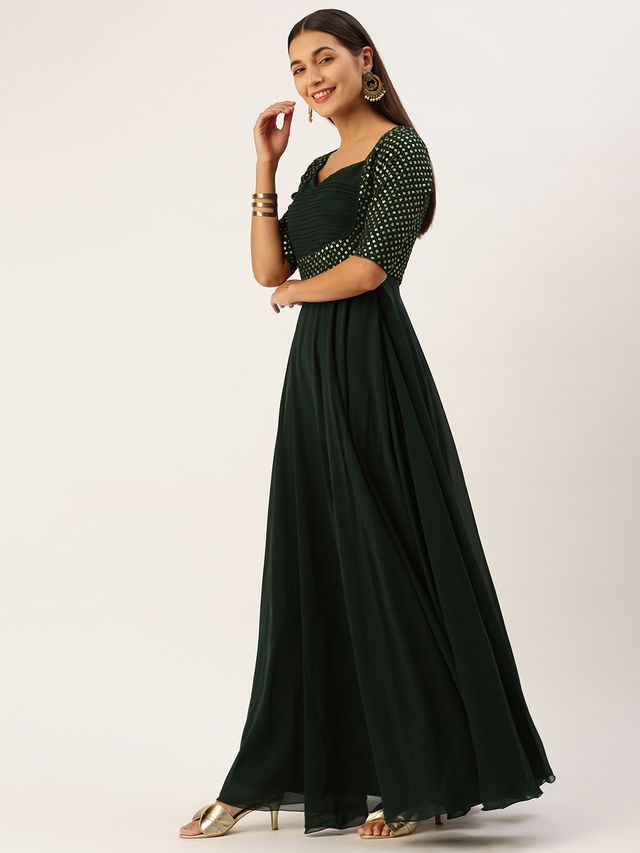 Bollywood Vogue Ready To Wear Green Georgette Sequins Gown