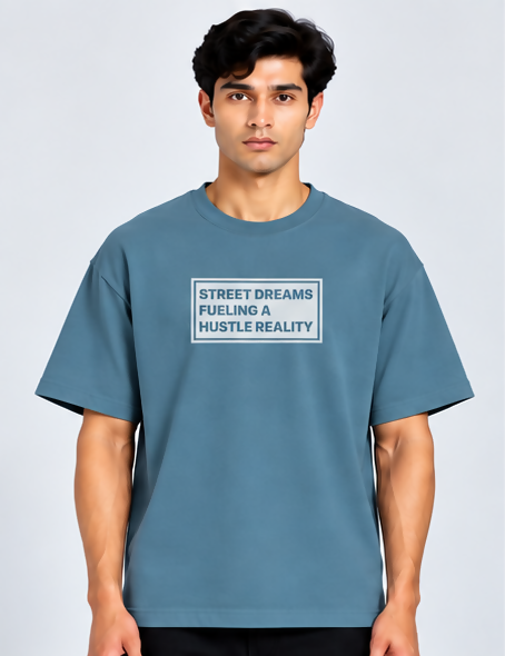 HUSTLE Men's Crew Neck Oversized T-Shirt – Dull Teal Blue(Oversized fit)