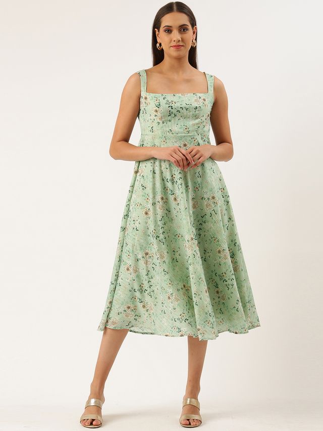 Bollywood Vogue Ready To Wear Digital Printed Green Muslin Maxi Dress