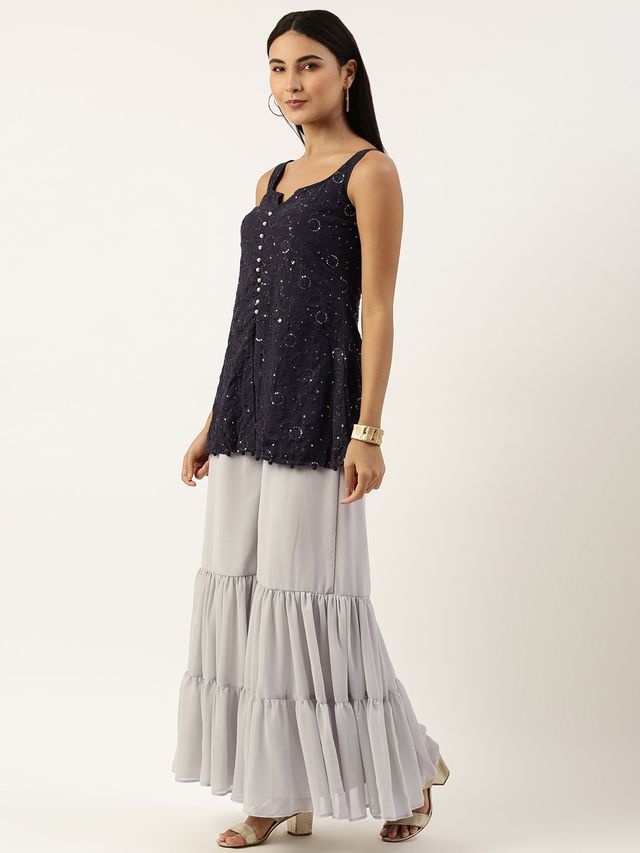 Bollywood Vogue Ready To Wear Dark Grey Georgette Embroidered Gharara Suit