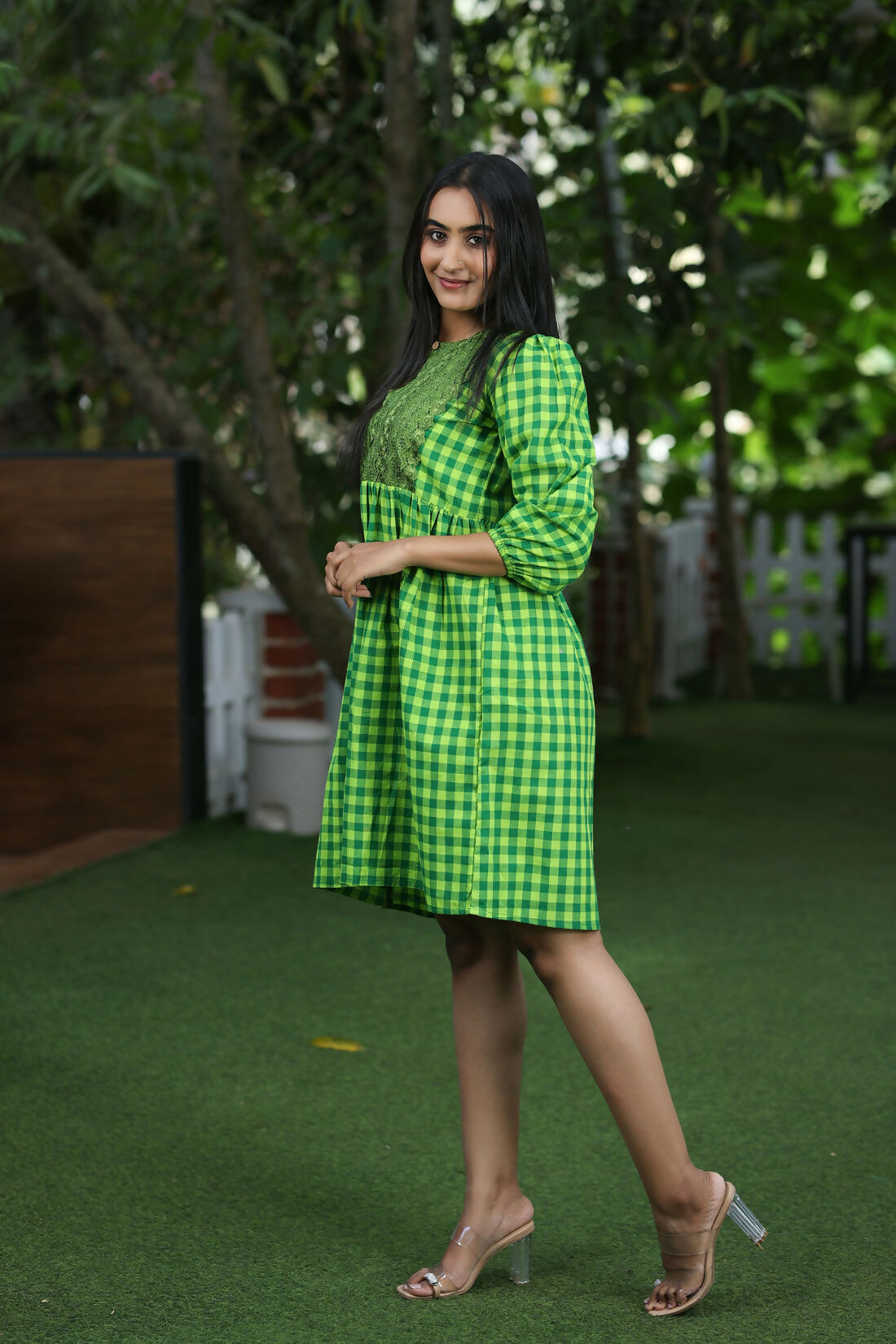 Fiona Neon Green Checkered Cotton Dress With Lace Yoke And Relaxed Silhouette Studio Sienna