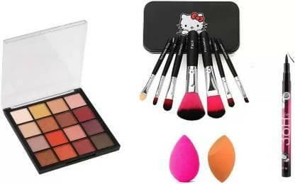 Bingeable HRK-102(1) Mini Eye Shadow Palette & Professional Set of 7 Makeup Brush & 2 Pcs Makeup Sponges Blender Puff& 36h Eyeliner (11 Items in the set) - HalfPe