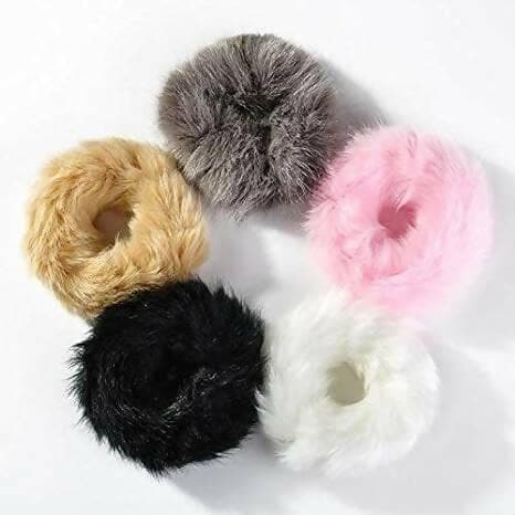 SENECIO Soft Korean Faux Fur Multicolor Fluffy Trendy Hair Tie Scrunchies Rubber (5 pcs, 2 sets) - HalfPe