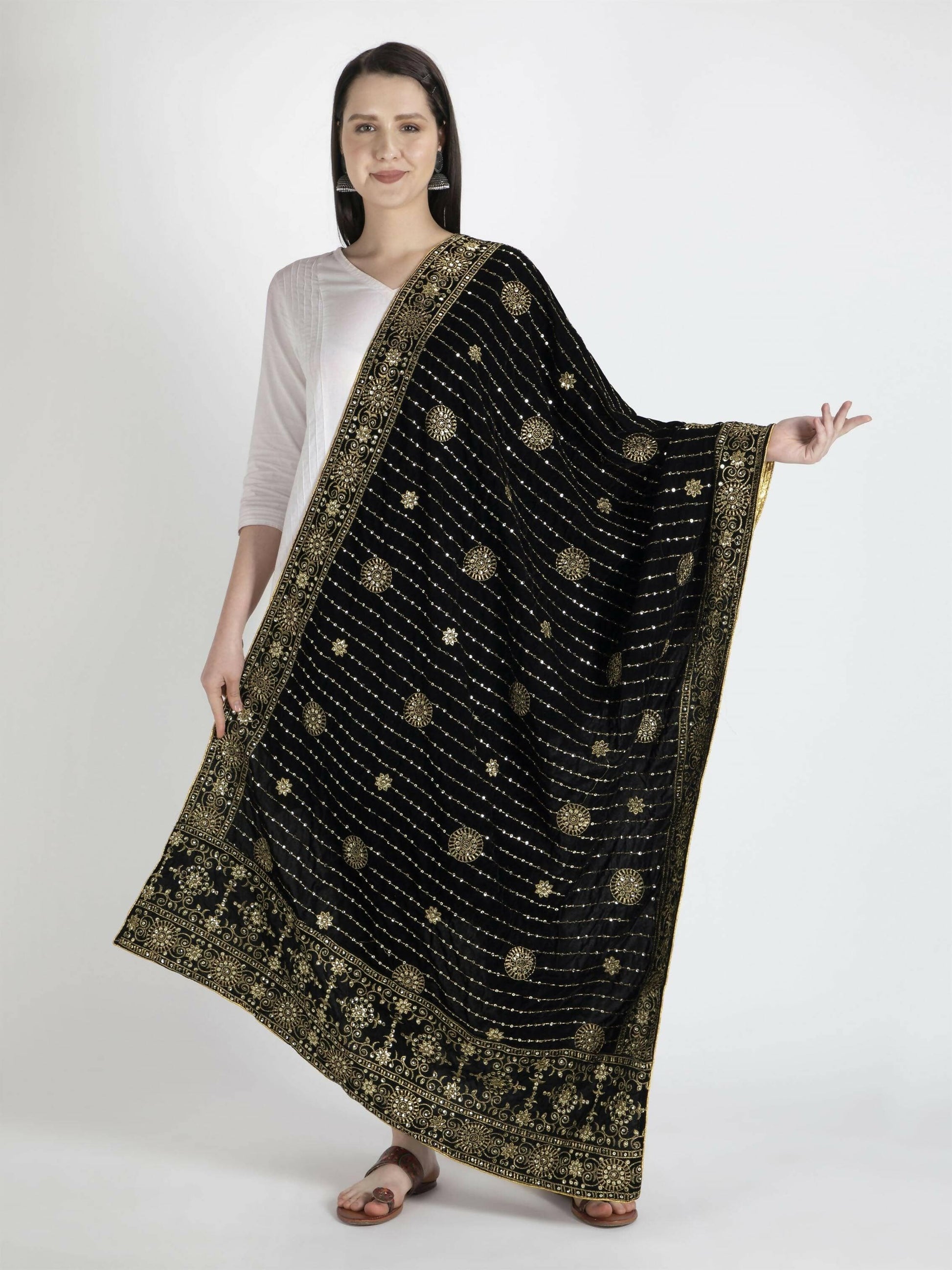 Embroidered Velvet Shawl Dupatta (Black) - HalfPe