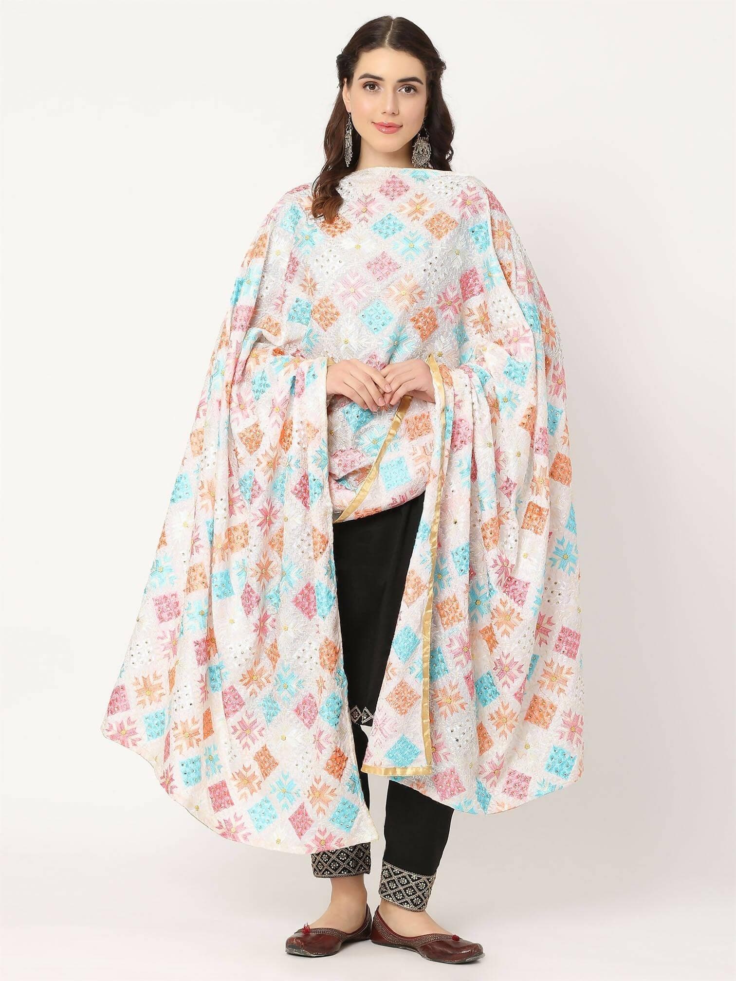 White Mullticolour Embroidery Phulkari Dupatta with Beads - HalfPe