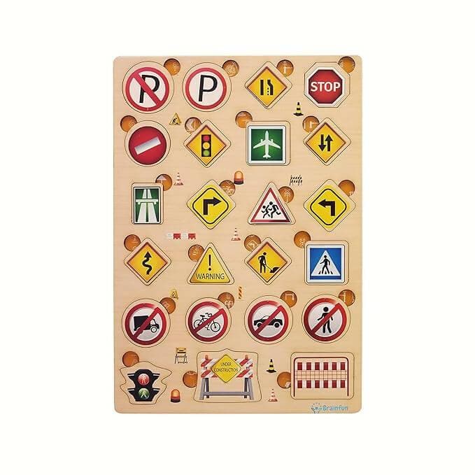 ZUDO Wooden Montessori Educational Pre-School Puzzle Board Toy for Boys and Girls (Traffic Symbol) - HalfPe