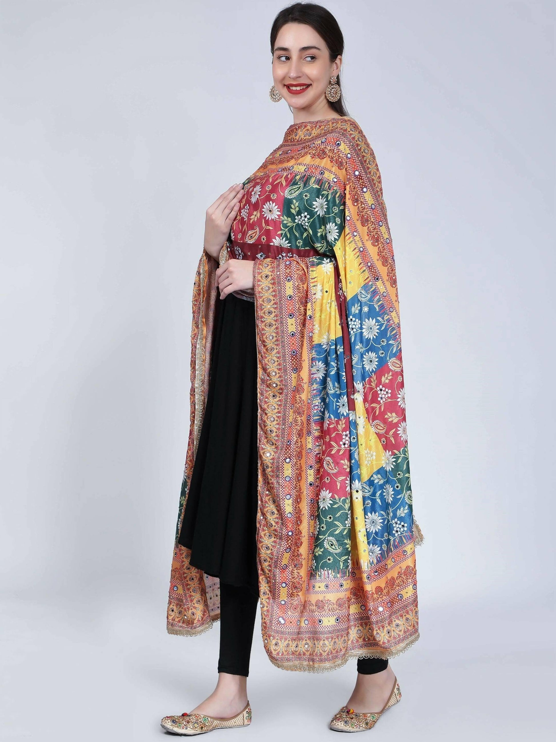 Chiffon Digital Print Pakistani Dupatta with Mirror Work(Broad multi-colored designs) - HalfPe