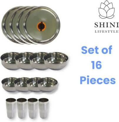 SHINI LIFESTYLE Stainless Steel Good Quality Mirror Finish dinner set (4 Dinner Plates, 4 Big bowl, 4 Small bowl, 4 Glass, pack of 16) - HalfPe