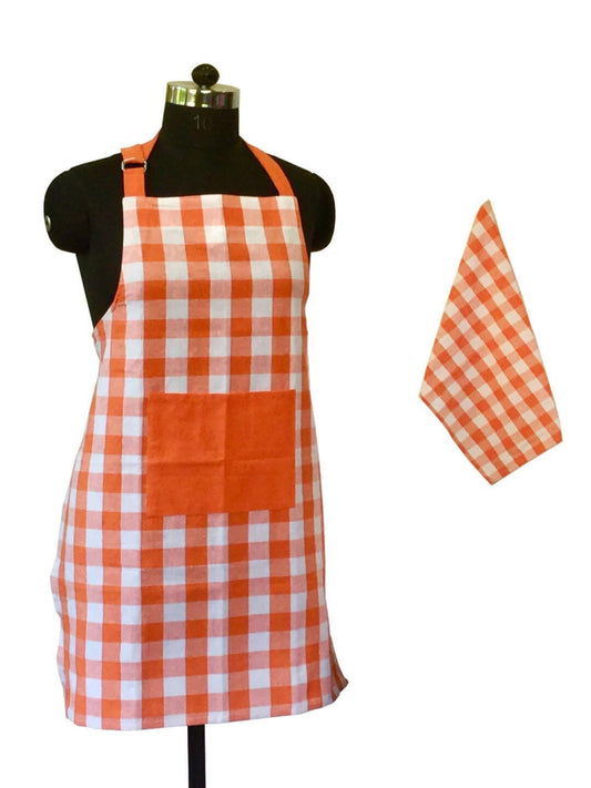 Lushomes Checks Orange and Red Kitchen Cooking Apron Set for Women, apron for men, cooking aprons for women, kitchen apron for men, aprons, aprin (2 Pc Set, Kitchen T 40 x 60 cm, Apron 60 x 80 cms) - HalfPe