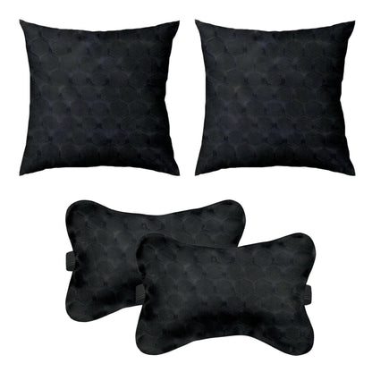 Lushomes Car Cushion Pillows for Neck, Back and Seat Rest, Pack of 4, Embossed Leatherlike Fabric 100% Polyester Material, 2 PCs Bone Neck Rest: 6x10 Inches, 2 Pcs of Car Cushion: 12x12 Inches, Black - HalfPe