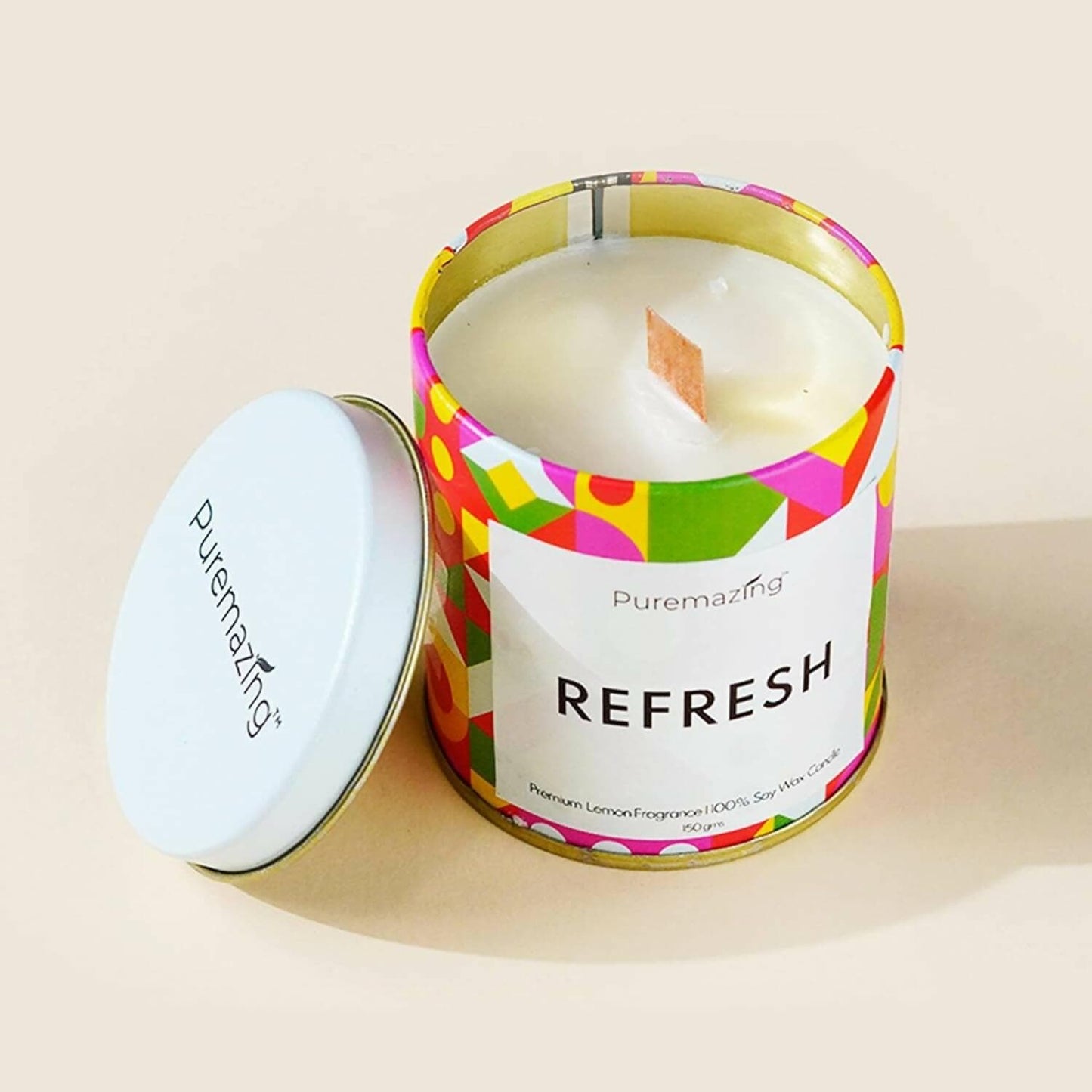 Puremazing Premium 100% Soy Wax Candle Refresh - Lemon Fragranced Candle Tin Jar with Wooden Wick Burning time of Upto 35 Hours Aromatherapy Candles & Handmade Votive Candles - HalfPe