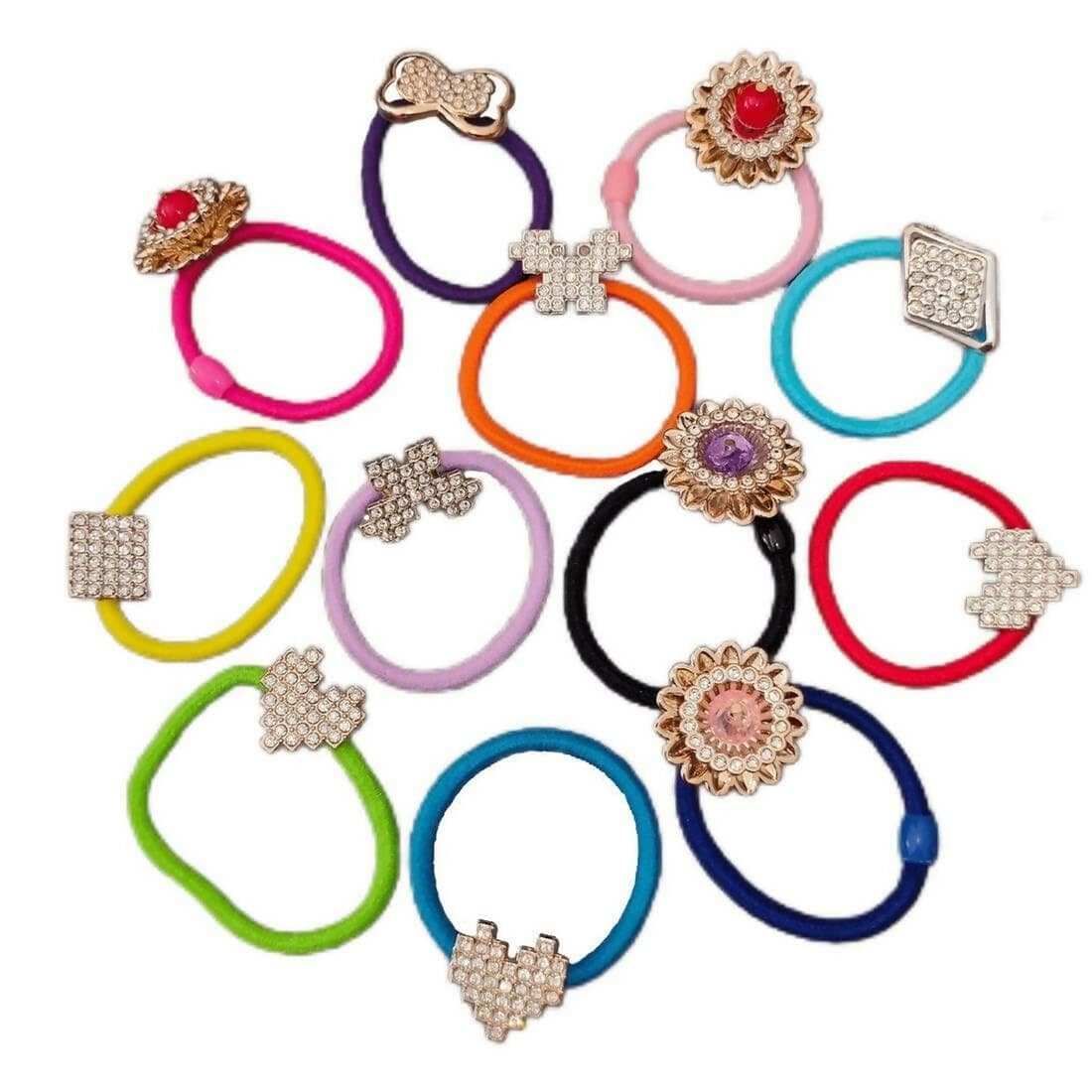 SENECIO 12Pc Set Crystal Rhinestone Studded Multi Shape Multicolor Rubber Band Hair Tie Scrunchies - HalfPe