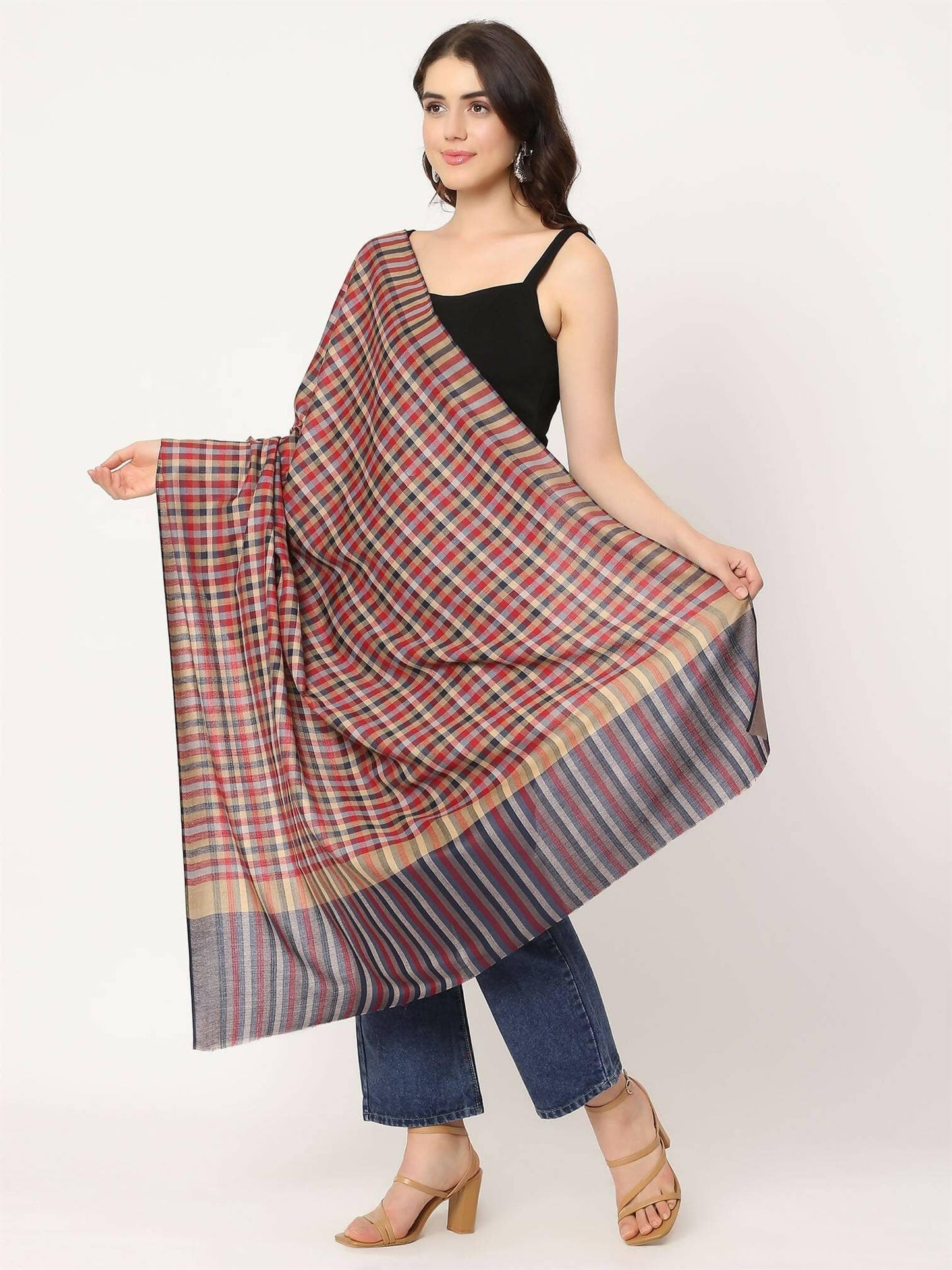 Blue Multi Check Shawl for women - HalfPe