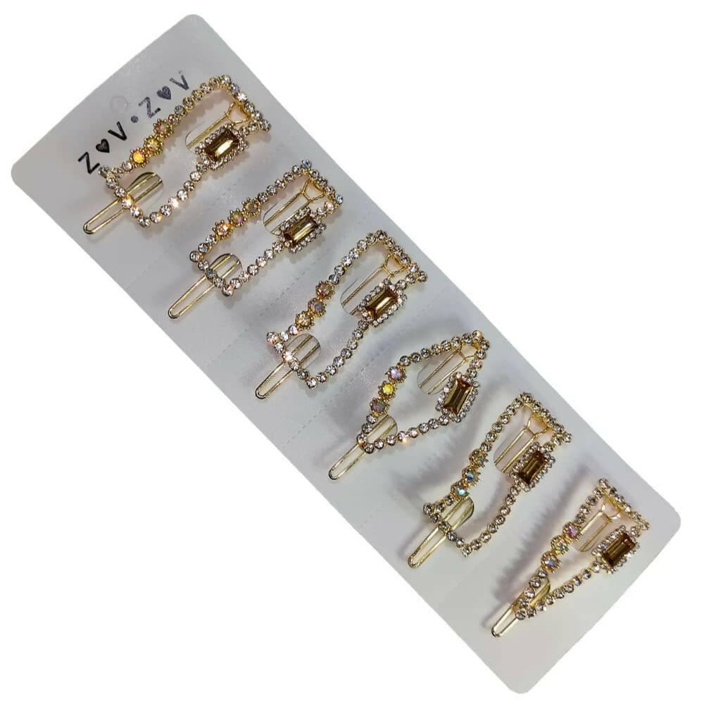 SENECIO Brown Stones Crystal Studded Hair Clip Pins (Set of 6Pcs) - HalfPe