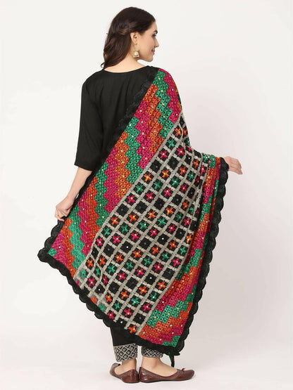 Black Multicolour Check Design Phulkari Dupatta - HalfPe