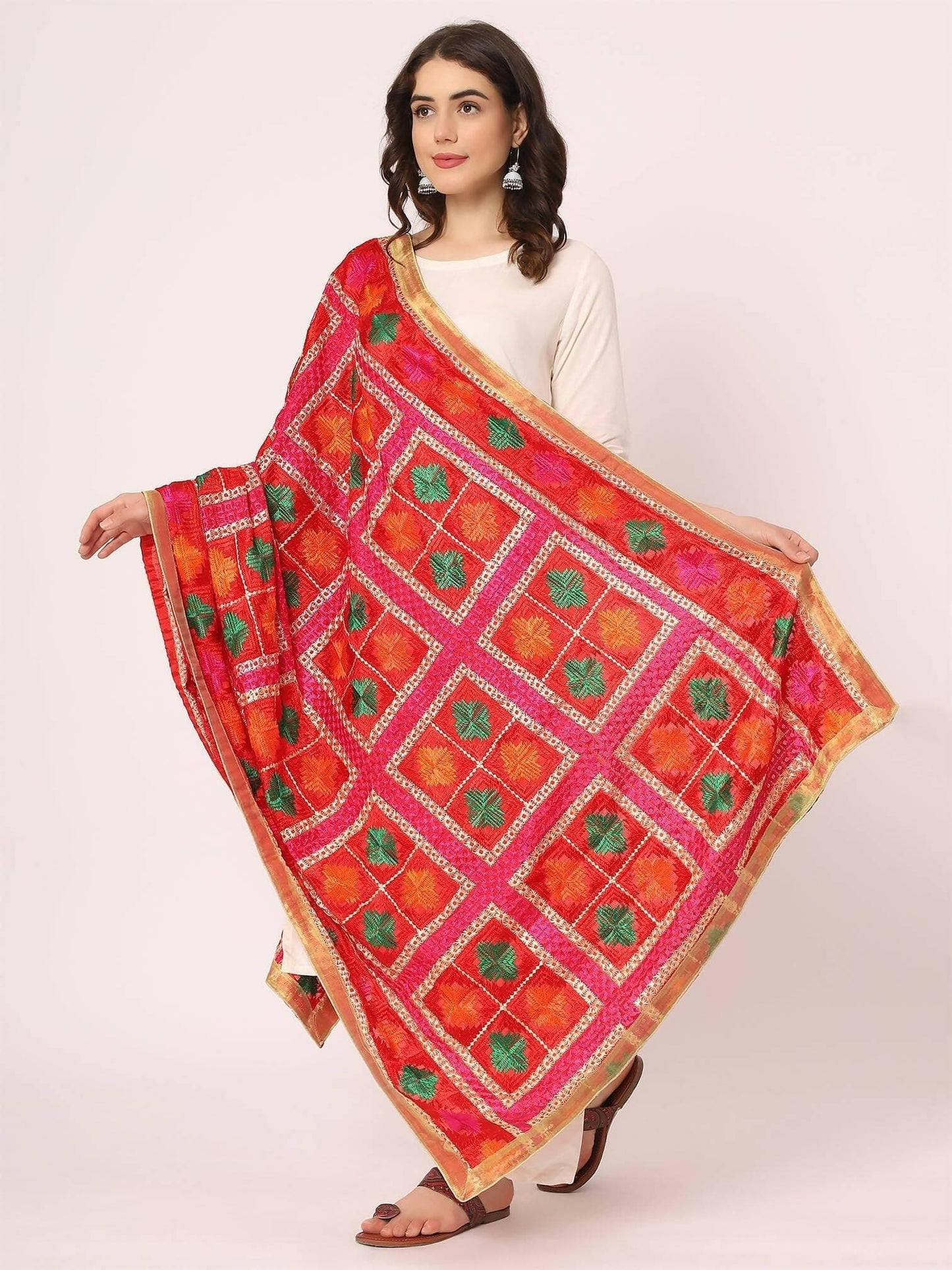 Embroidery Phulkari Dupatta (Red Multicolour) - HalfPe