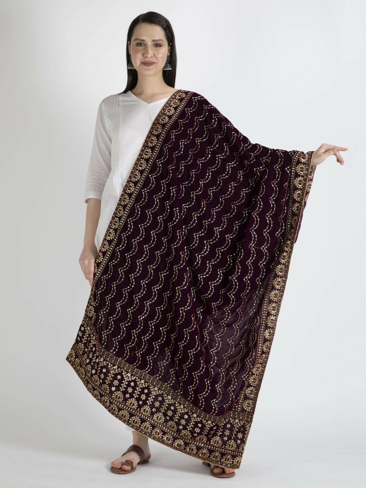 Embroidered Velvet Brown Dupatta For Women - HalfPe