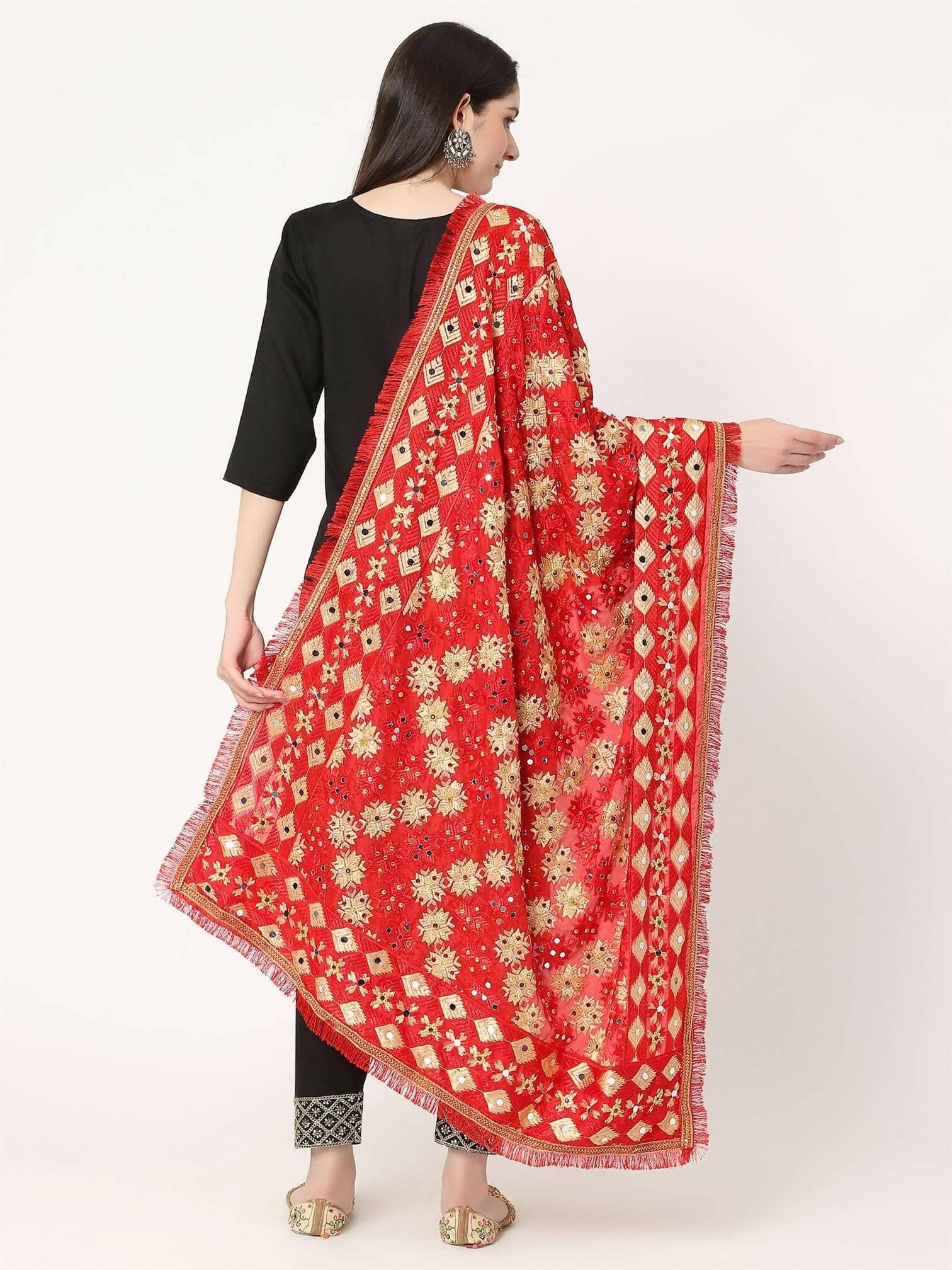 Red and Golden Embroidery Phulkari Dupatta - HalfPe