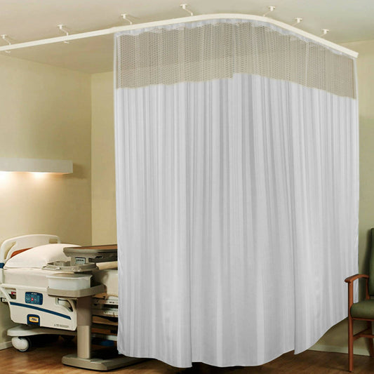 Hospital Partition Curtains, Clinic Curtains Size 10 FT W x 7 ft H, Channel Curtains with Net Fabric, 100% polyester 20 Rustfree Metal Eyelets 20 Plastic Hook, White, Stripes Design (10x7 FT) - HalfPe