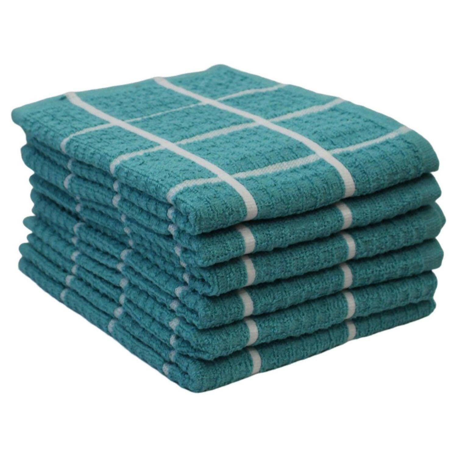 Lushomes Kitchen Cleaning Cloth, Terry Cotton Dish Machine Washable Towels for Home Use, 6 Pcs Teal Blue Checks Hand Towel, Pack of 6 Towel, 16x26 Inches, 360 GSM (40x65 Cms, Set of 6, ) - HalfPe