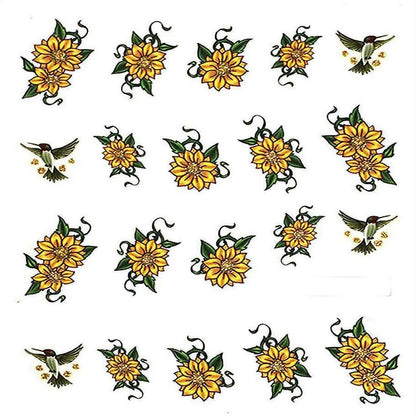 SENECIO Yellow Sunflower with Bird Floral Love Nail Art Manicure Decals Slide Water Transfer Stickers 1 Sheet - HalfPe