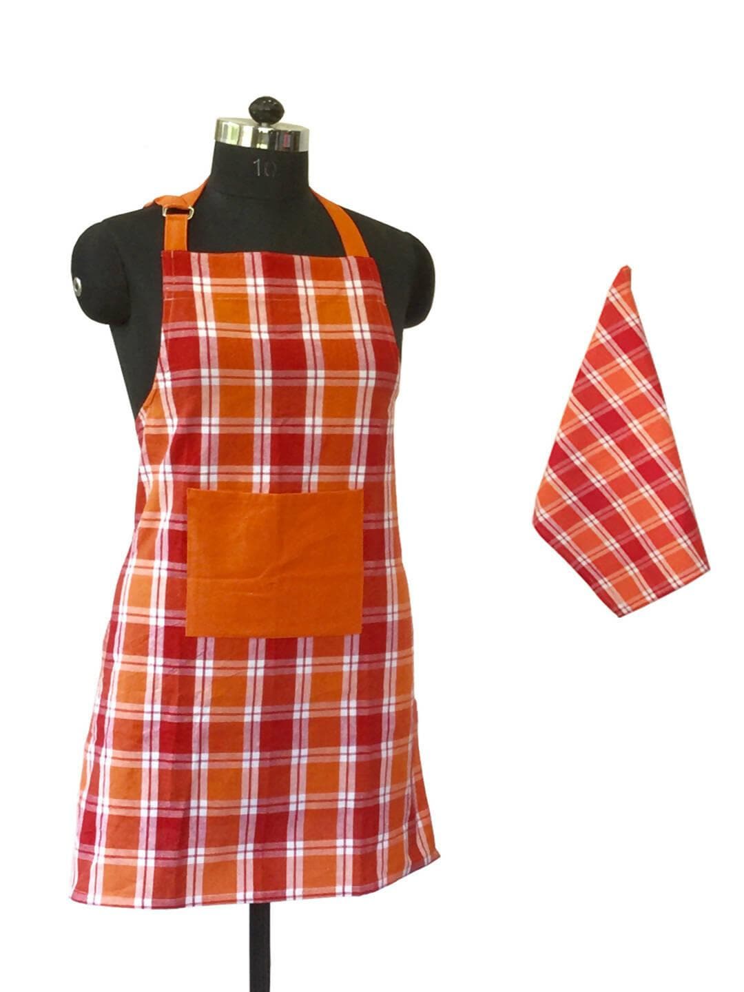 Lushomes Checks Red and Orange Kitchen Cooking Apron Set for Women, apron for men, cooking aprons for women, kitchen apron for men, aprons, aprin (2 Pc Set, Kitchen T 40 x 60 cm, Apron 60 x 80 cms) - HalfPe