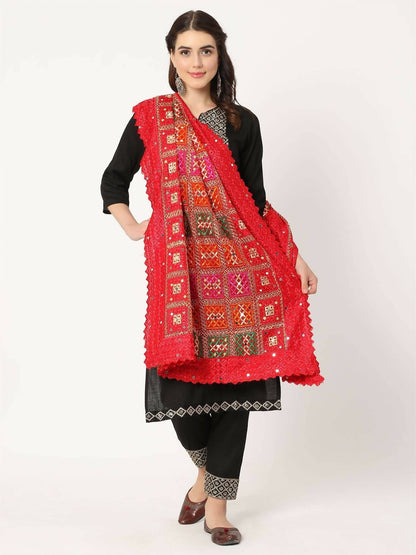 Red Multicolour check Design Embroidery Phulkari Dupatta with Mirror Work - HalfPe