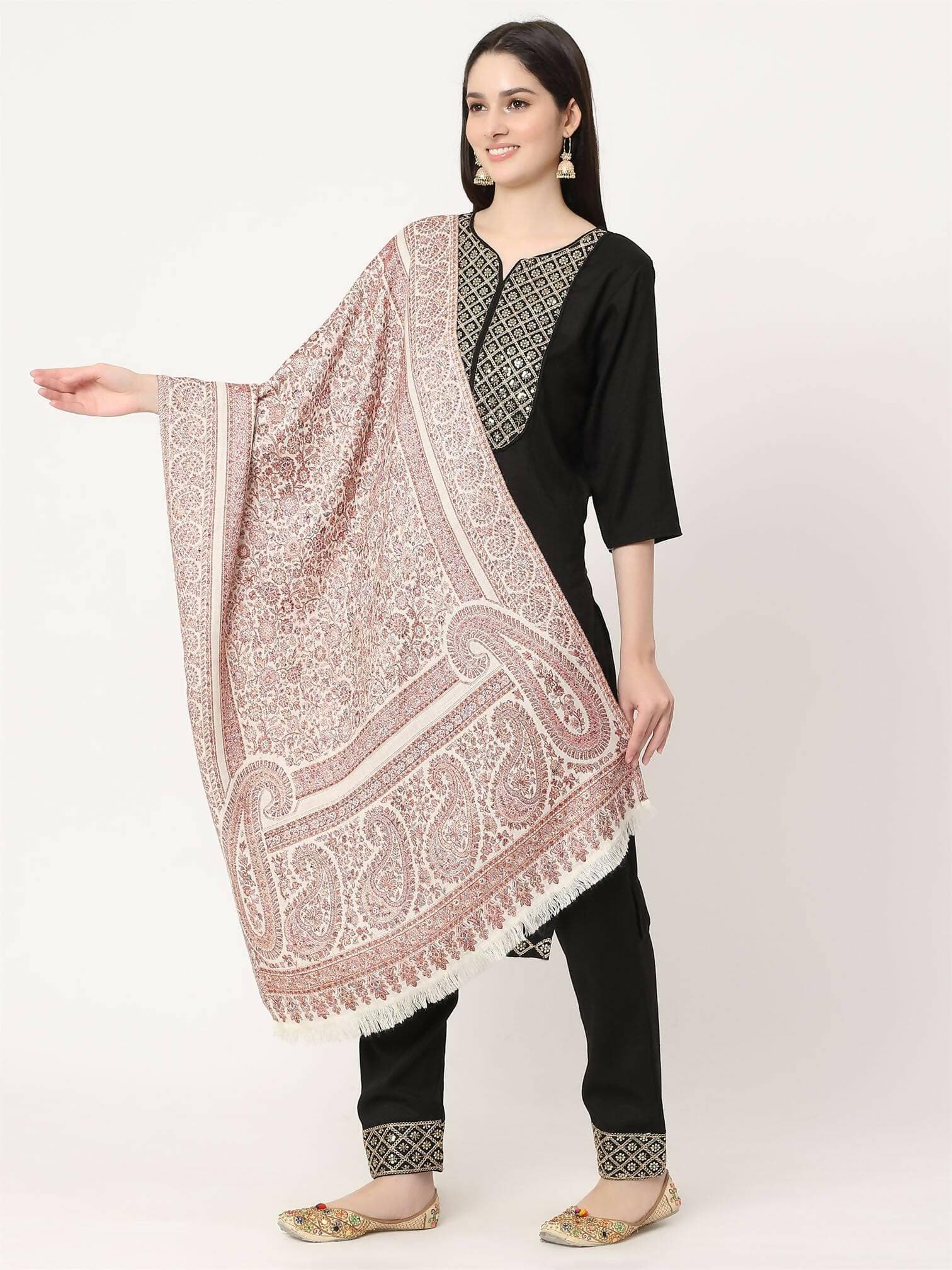 White and Brown Paisley Wool Stole for women - HalfPe