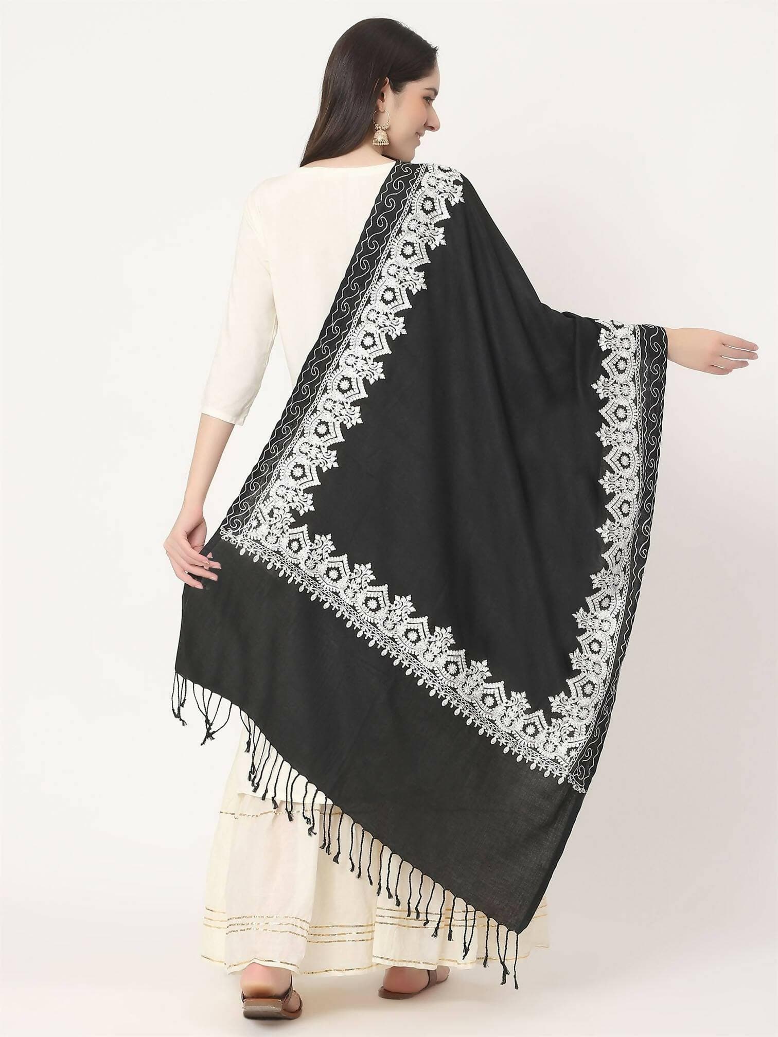 Black White Embroidered Stole for women﻿ - HalfPe