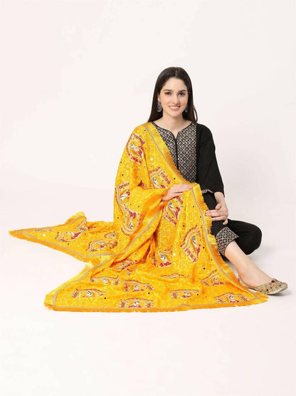 Doli Design Yellow Multicolour Embroidery Phulkari Dupatta with Beads - HalfPe