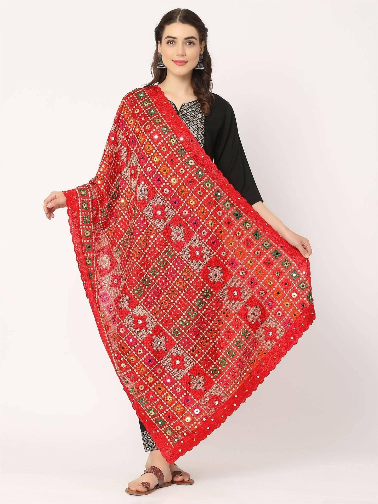 Red Multicolour Check Design Embroidery Phulkari Dupatta with Mirror - HalfPe