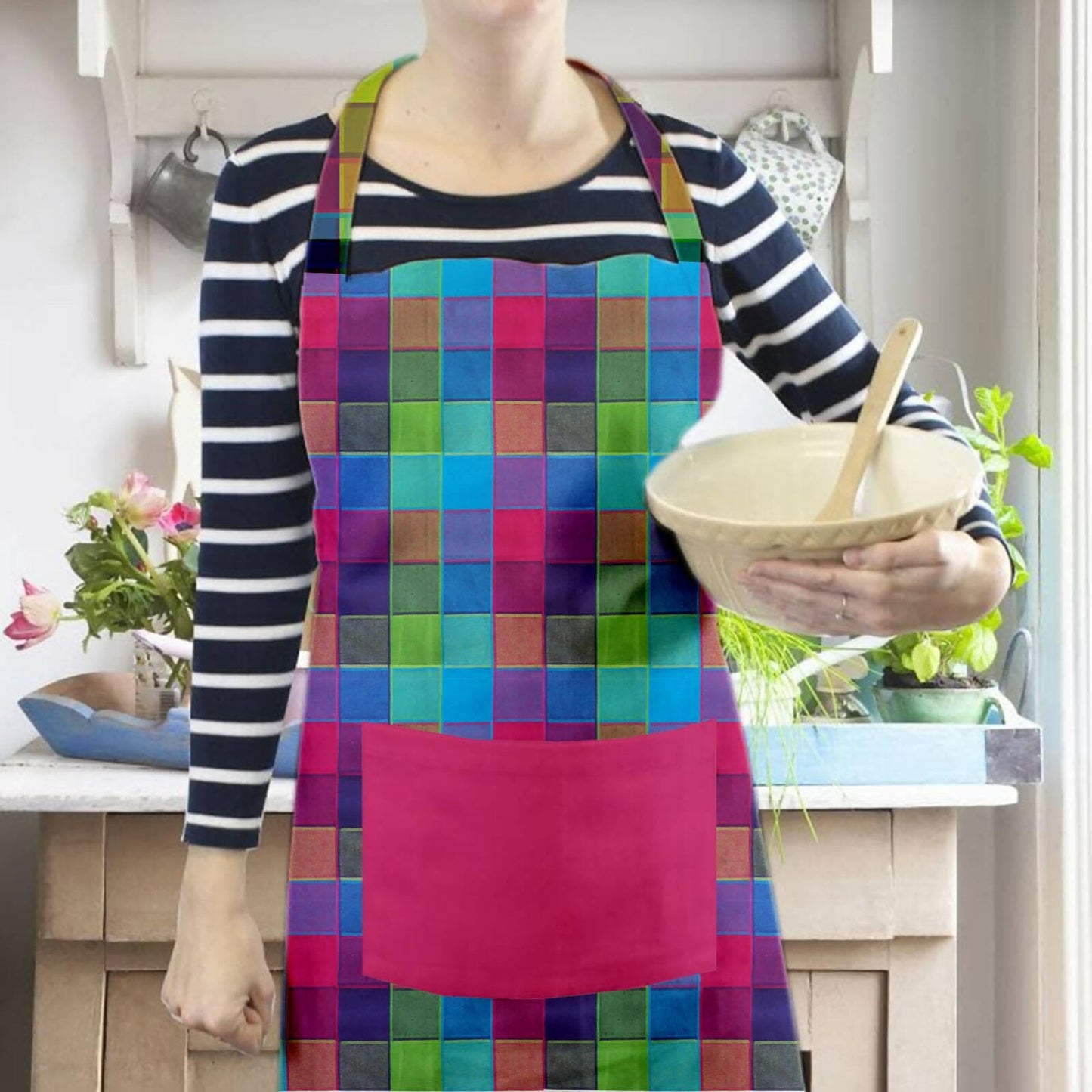 Lushomes Apron for Women, Multi Checks Kitchen Apron for Men, Cooking Apron, apron for kitchen, kitchen dress for cooking, Adjustable Buckle and Solid Pocket, Size 60x80 cms, Pkof1 - HalfPe