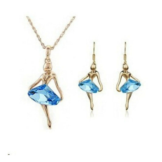 SENECIO Unique Gift Blue Fantasy Ballet Girl Dancer Angel Austrian Crystal Gold Plated Earrings and Necklace Set - HalfPe