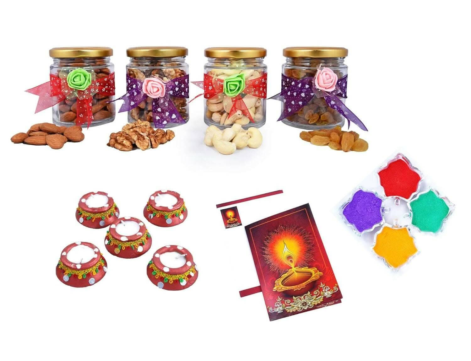 MANTOUSS Exclusive Diwali Dry Fruit Decorative Glass Jar-Cashew,Almond,Walnut and Raisin (100gms Each),400 GMS + 2 Matki Wax Filled Diya, Diwali Greeting Card and Rangoli Colours - HalfPe