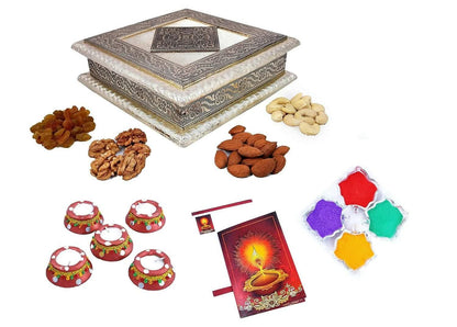 MANTOUSS Diwali Oxidised Dry Fruit Hamper/Pack/Combo-Cashew,Almond,Walnut and Raisin (100gms Each) 400gms + 2 Matki Wax Filled Diya, Diwali Greeting Card and Rangoli Colours - HalfPe