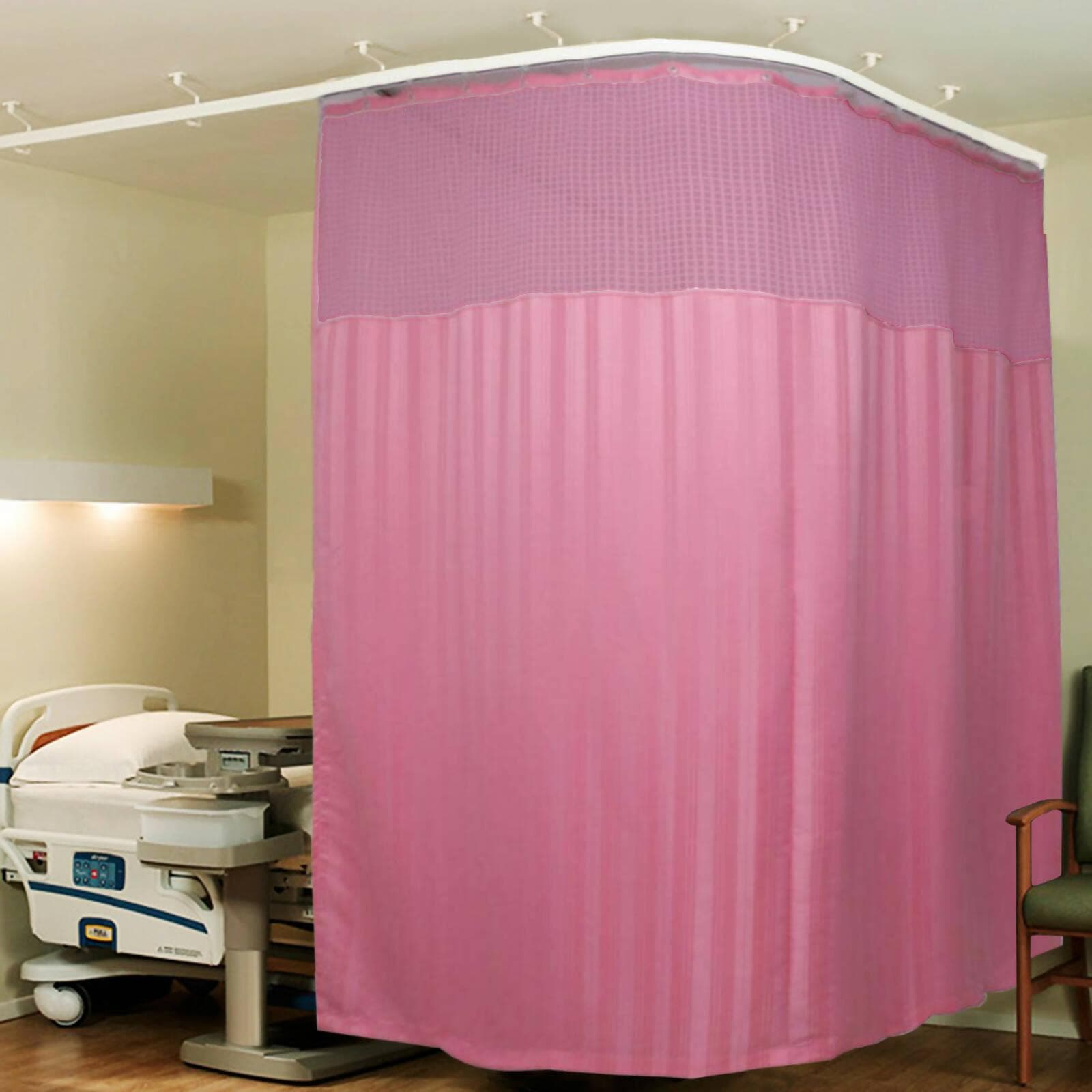 Hospital Partition Curtains, Clinic Curtains Size 16 FT W x 7 ft H, Channel Curtains with Net Fabric, 100% polyester 32 Rustfree Metal Eyelets 32 Plastic Hook, Pink, Stripes Design (16x7 FT) - HalfPe