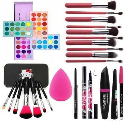 Crynn Rosedale Kajal, Beauty Blender, 3in1 Eyeliner, Mascara, Eyebrow Pencil, Eyeshadow Palette, Makeup Brushes Set (15 Items) - HalfPe