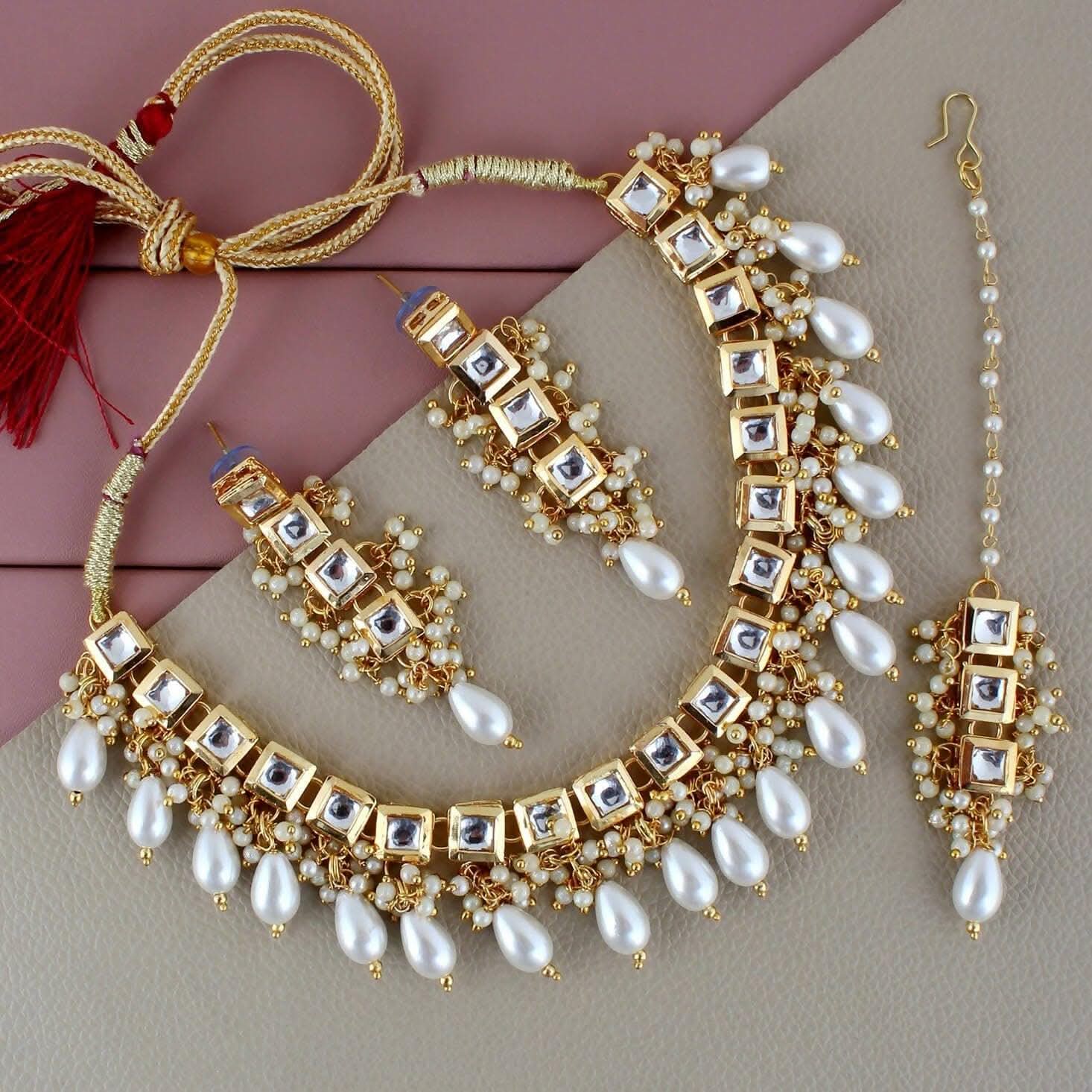 LUCKY JEWELLERY Back Meenakari 18k Gold Plated White Color Tika Earring Combo Uncut Big Faux Kundan Choker Necklace set (660-J5SK-1664-W) - HalfPe
